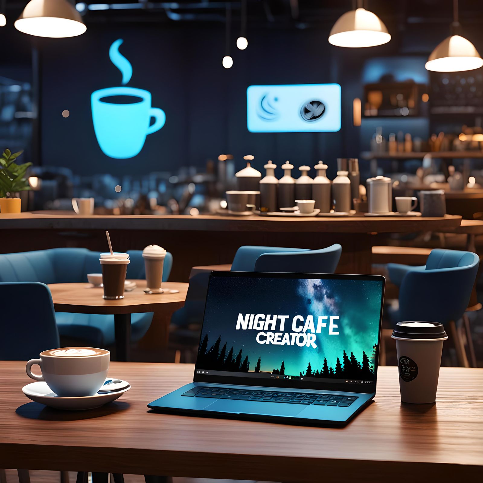 Night Cafe Creator on Laptop in Detailed Matte Painting