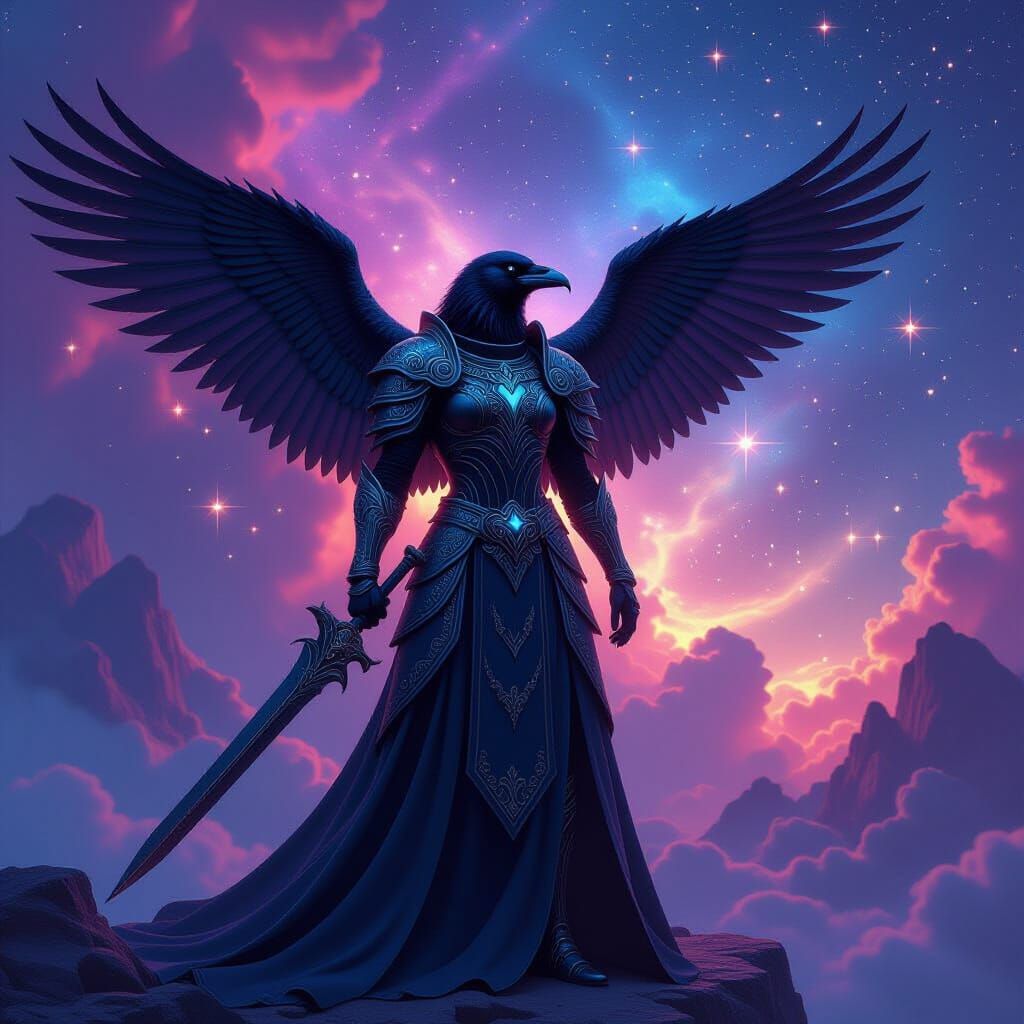 Celestial Raven Warrior Stands Guard in Nebula