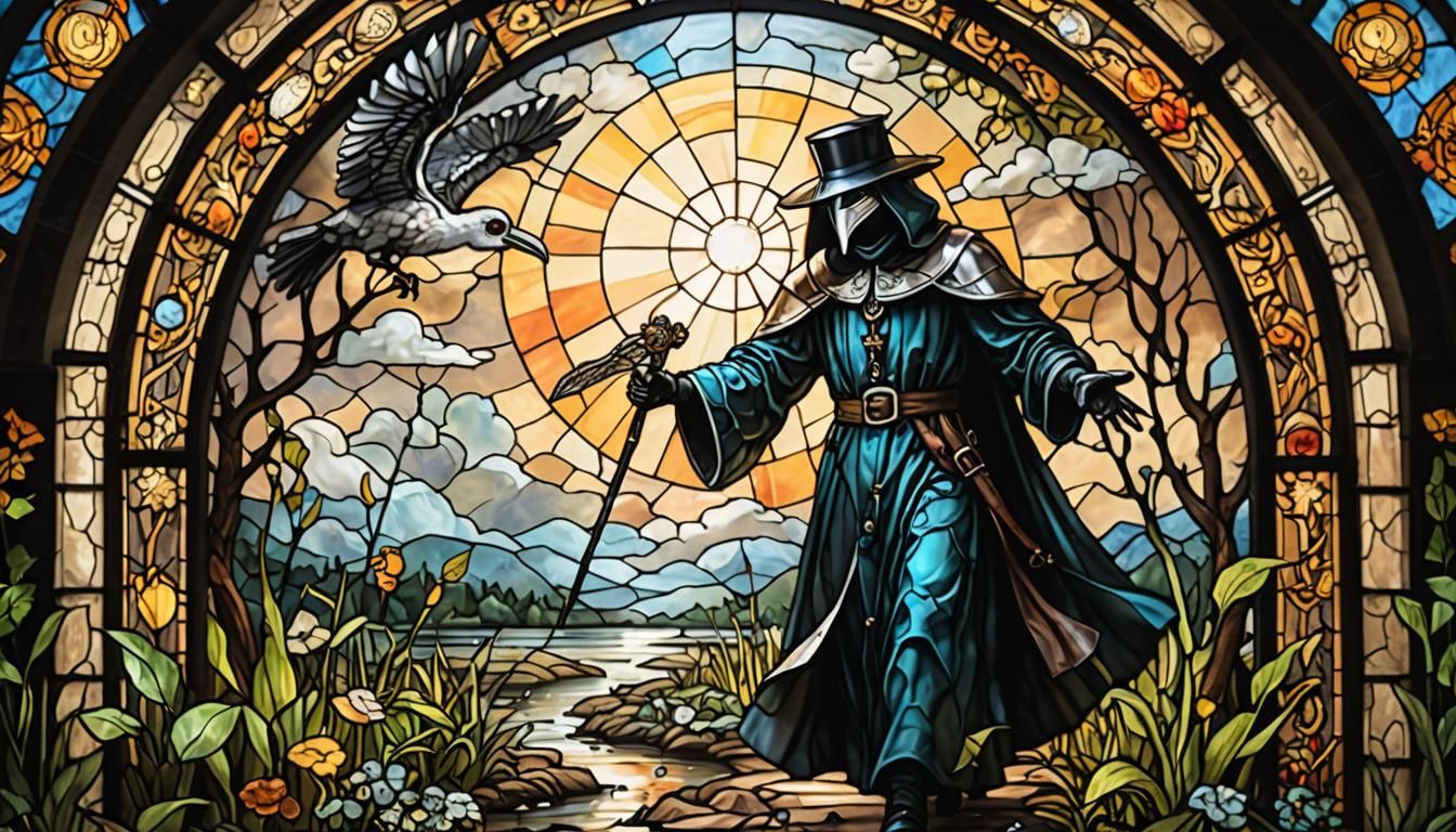 Stained Glass Plague Doctor Healing a Cherub