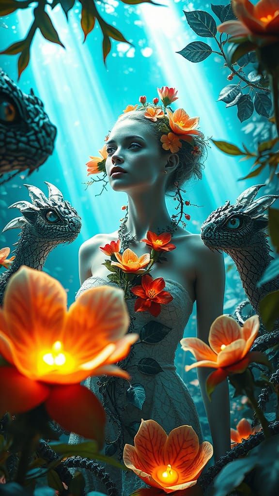 Woman in Labyrinth of Light with Mythological Creatures