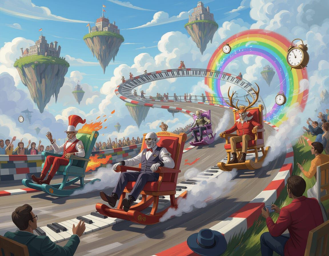 High-Speed Rocking Chair Race Through Dreamlike Landscapes