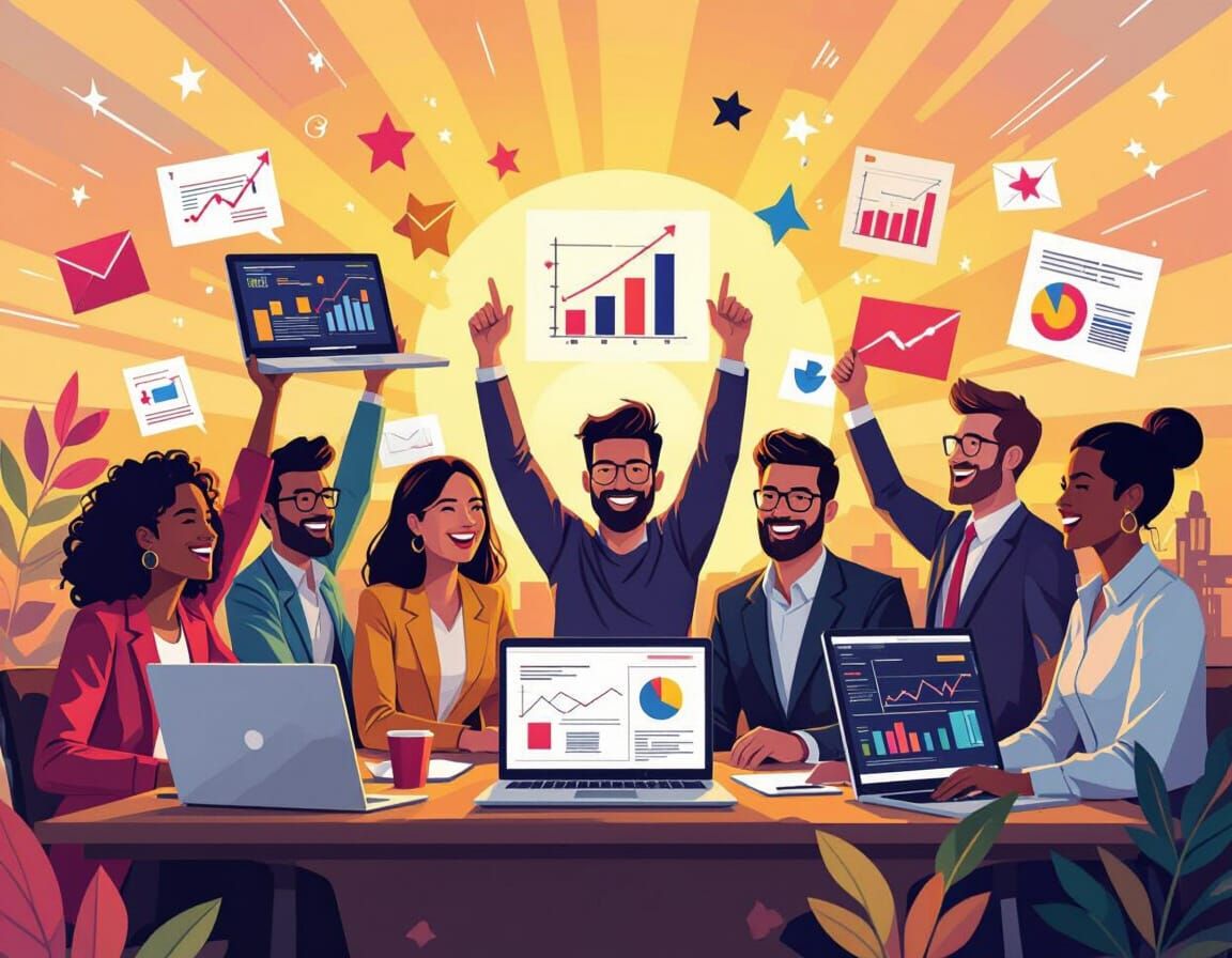 Diverse Team Celebrates Success in Dynamic Graphic Design