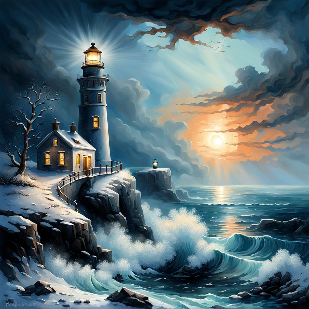Winter Solstice Lighthouse Elegy in Dreamlike Watercolor