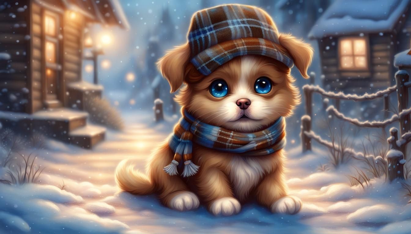 Cute brown baby chibi dog with a cat blue eyes tartan hat sn...