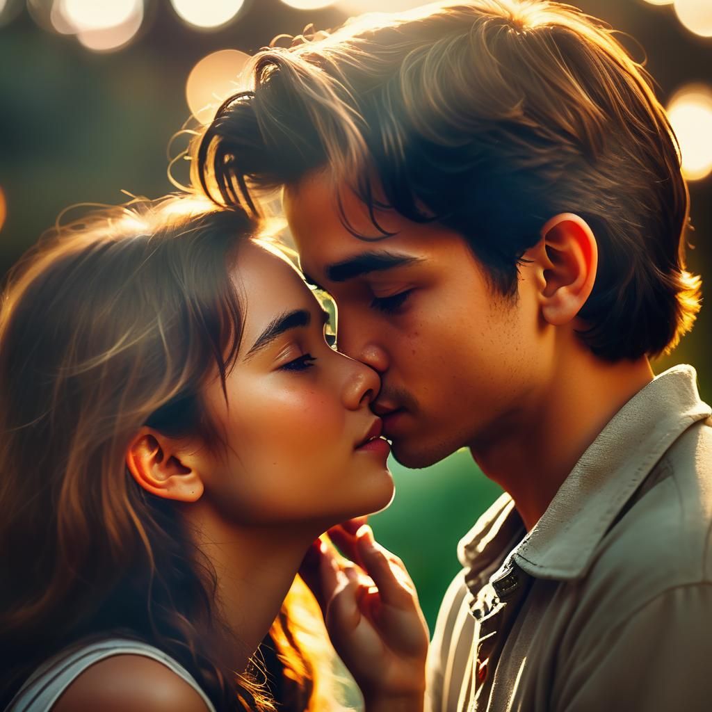 Romantic Kiss in Golden Hour: Cinematic Film Still