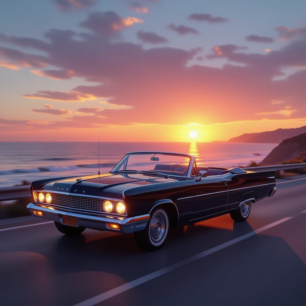 1970s Black Crown Victoria Convertible at Sunset
