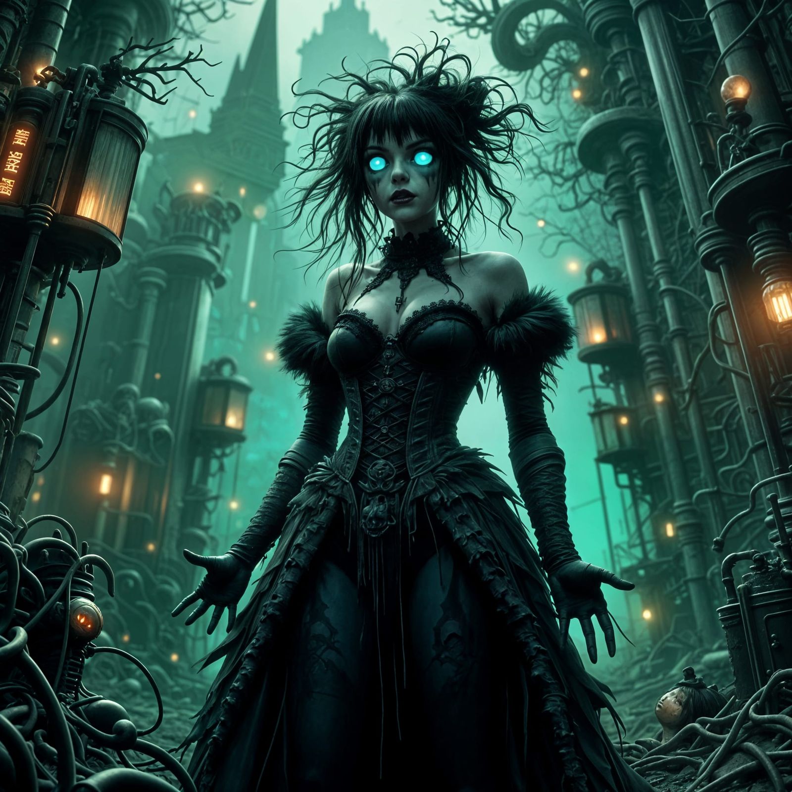 Necropunk Girl in Dark Gothic Environment