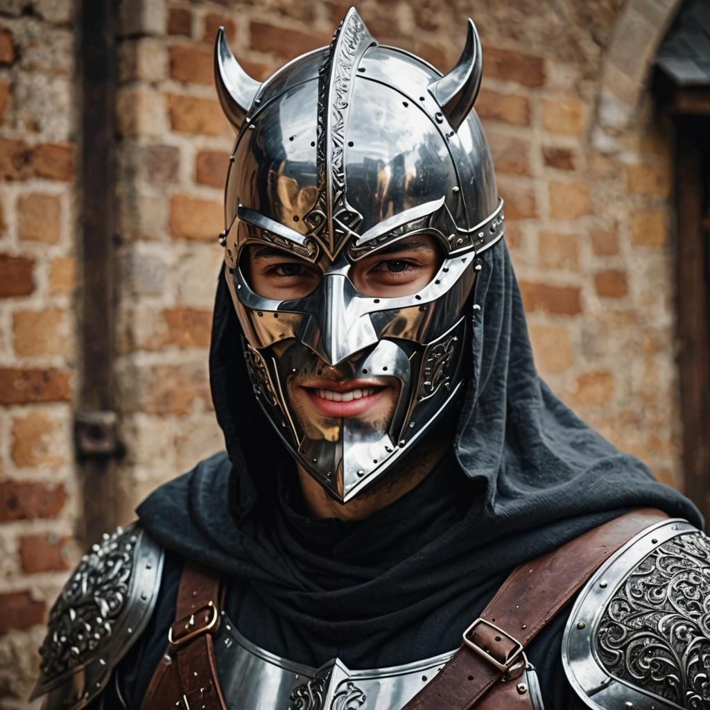 Cheerful Close-Up of a Hooded Knight