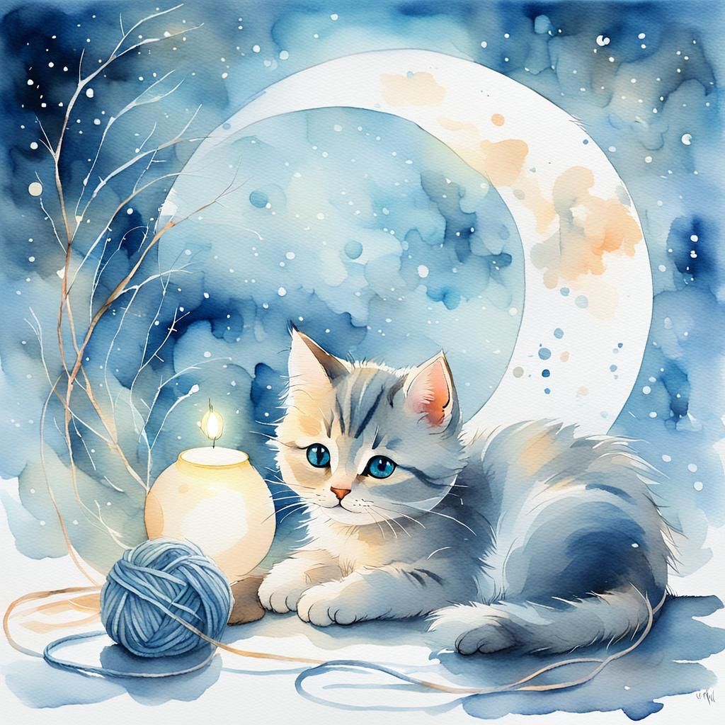Baby Cat's Moonlit Yarn: A Watercolor Dream