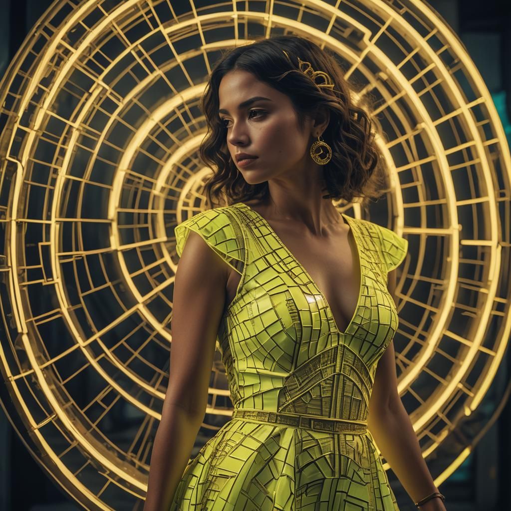 Hispanic Woman in Neon Dress: Cinematic Film Still