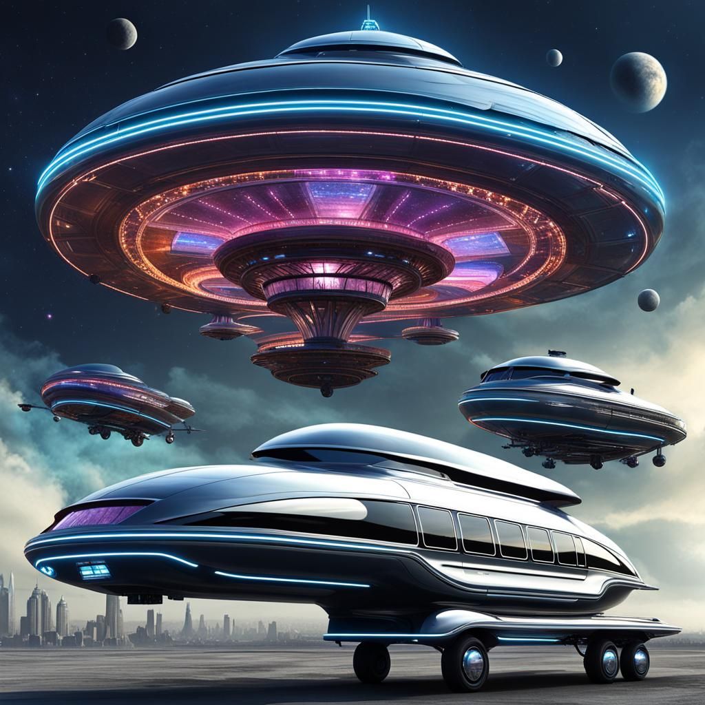 retrofuturistic flying limo meets cyberpunk flying saucer - the race is on