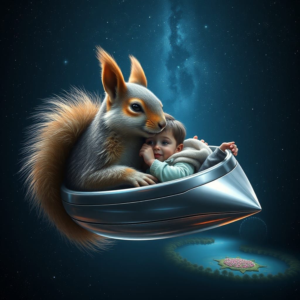 Squirrel and Child Embrace in Starry Spaceship