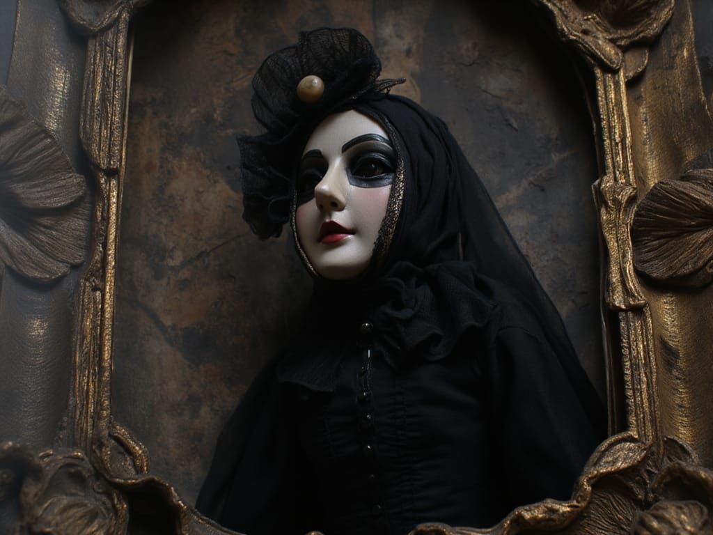 Gothic Girl in Ornate Frame, Dark Atmospheric Style