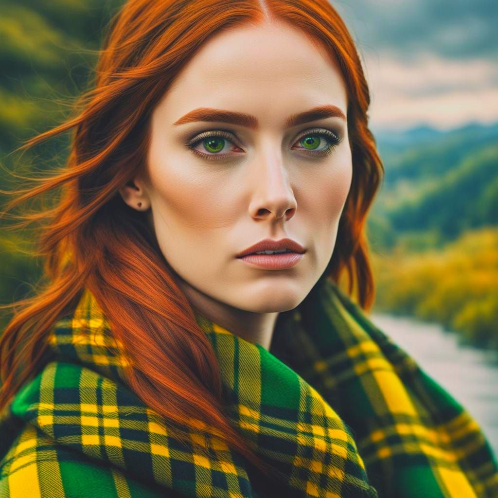 Karen Gillan in Plaid: Hyperrealistic Scottish Portrait