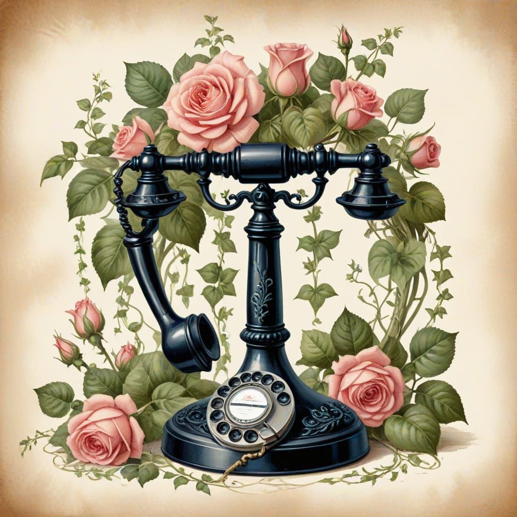 Vintage Victorian Candlestick Telephone with Roses and Ivy