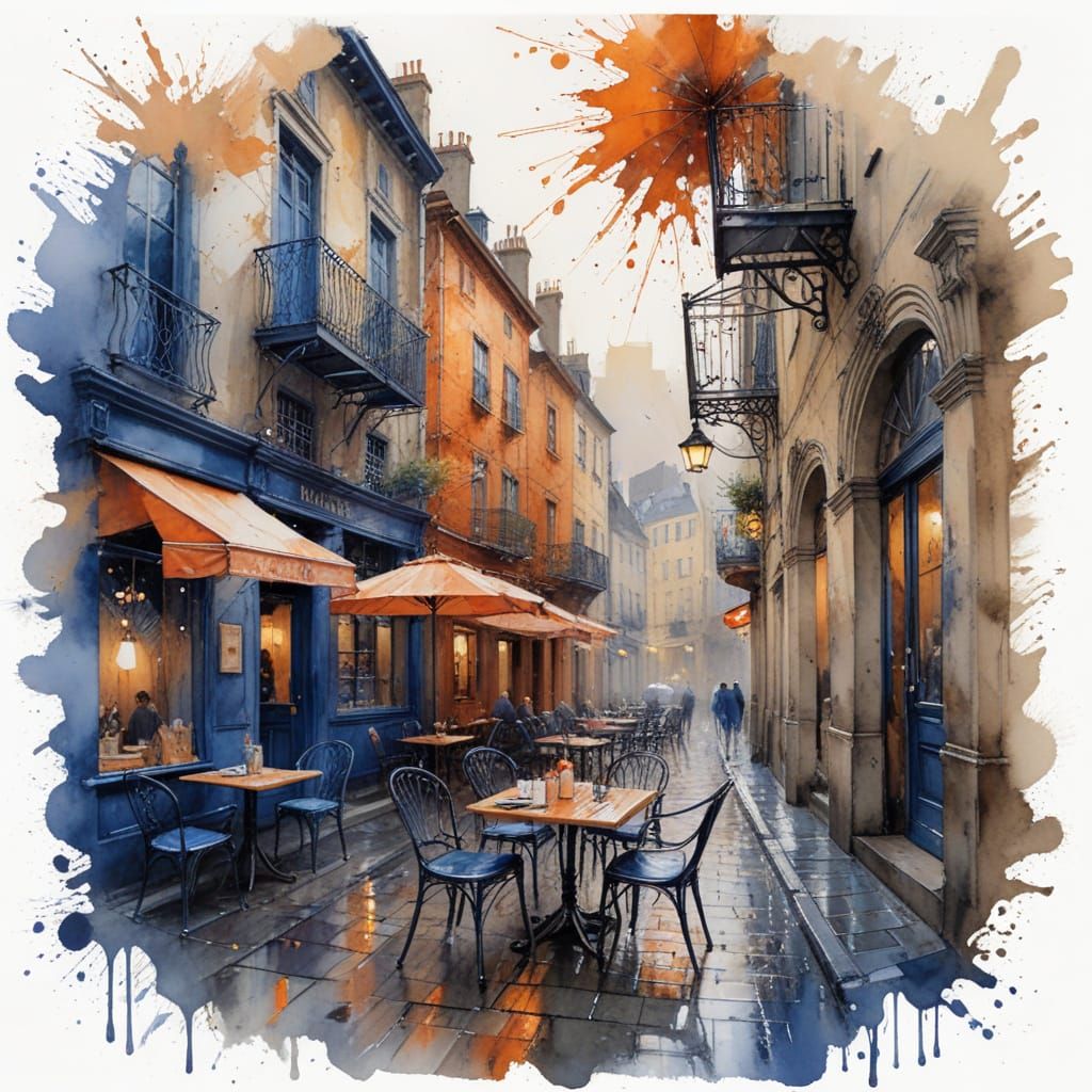 Cobblestone Street During Summer Storm, Watercolor