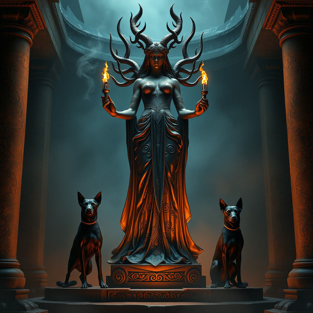 Hecate Statue with Black Dogs in Dreamlike Style