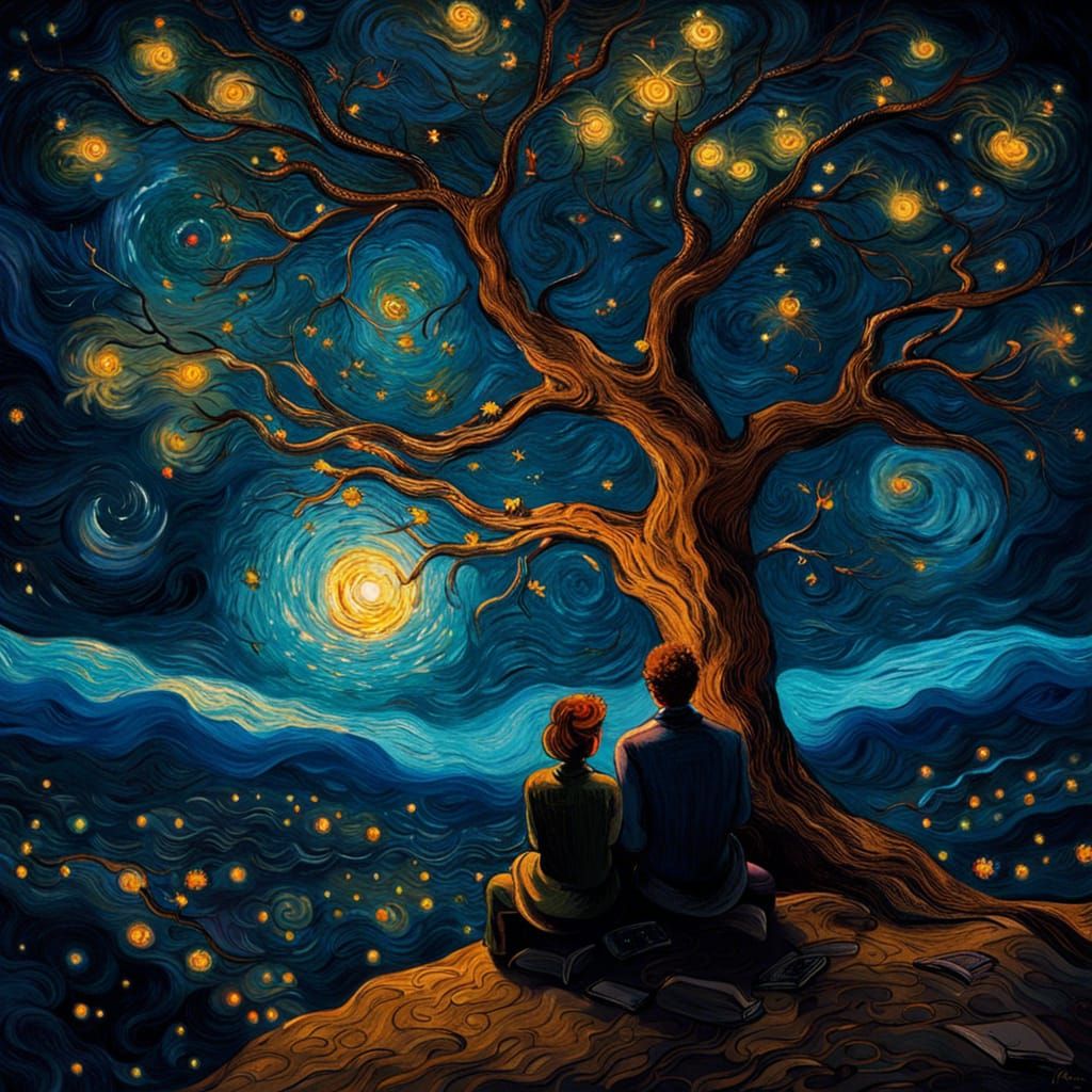 Couple Reading Under Starry Night Sky