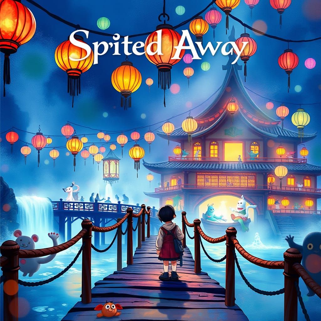 Spirited Away Poster: Chihiro on Bridge with Lanterns