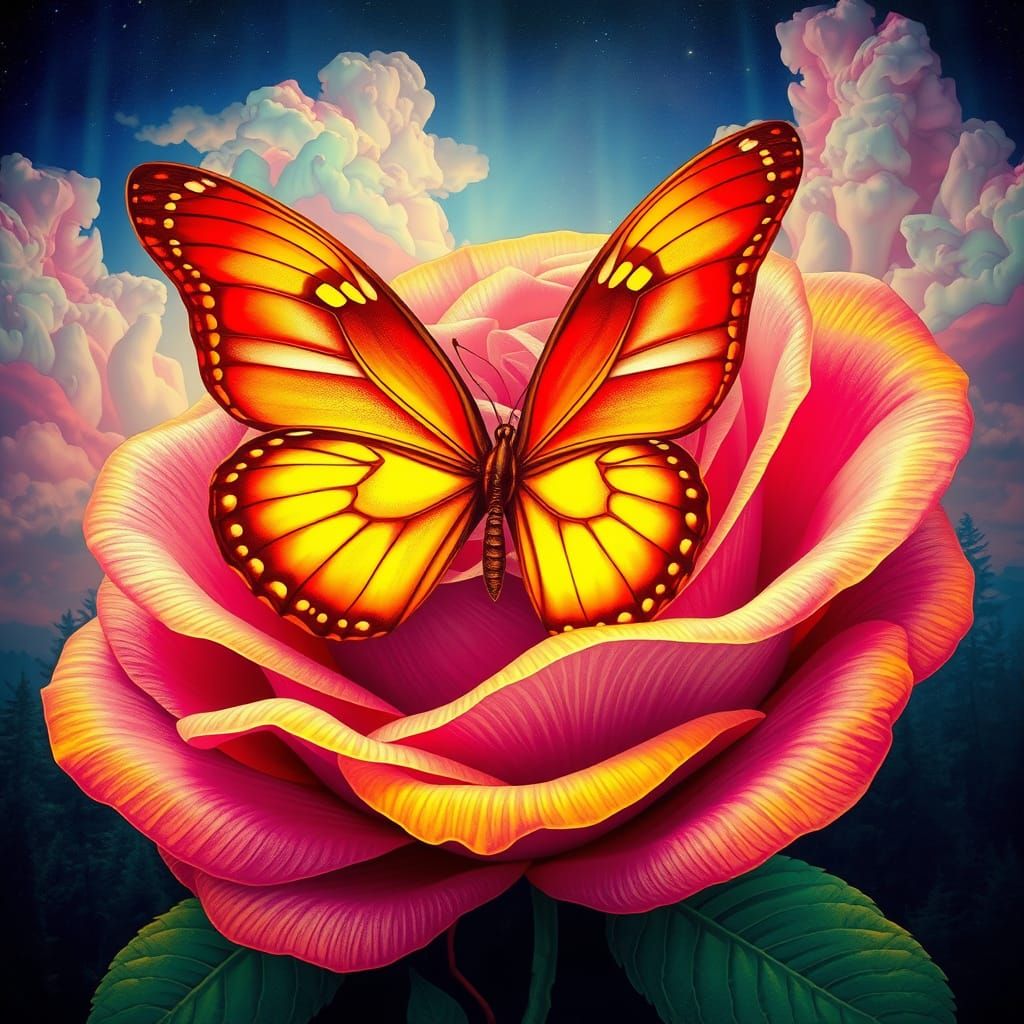 Surreal Rose and Butterfly in Vibrant Art Nouveau Style