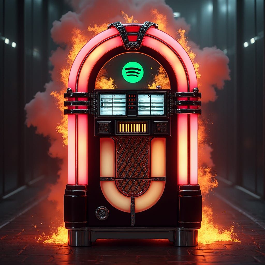 Retro 80s Jukebox Inferno in Cyberpunk Style