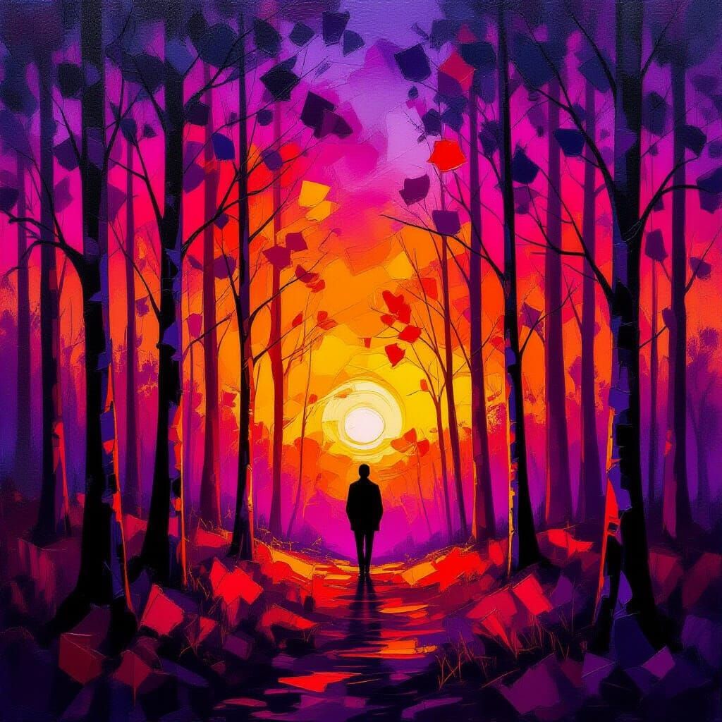 Abstract Expressionist Sunset Forest Silhouette