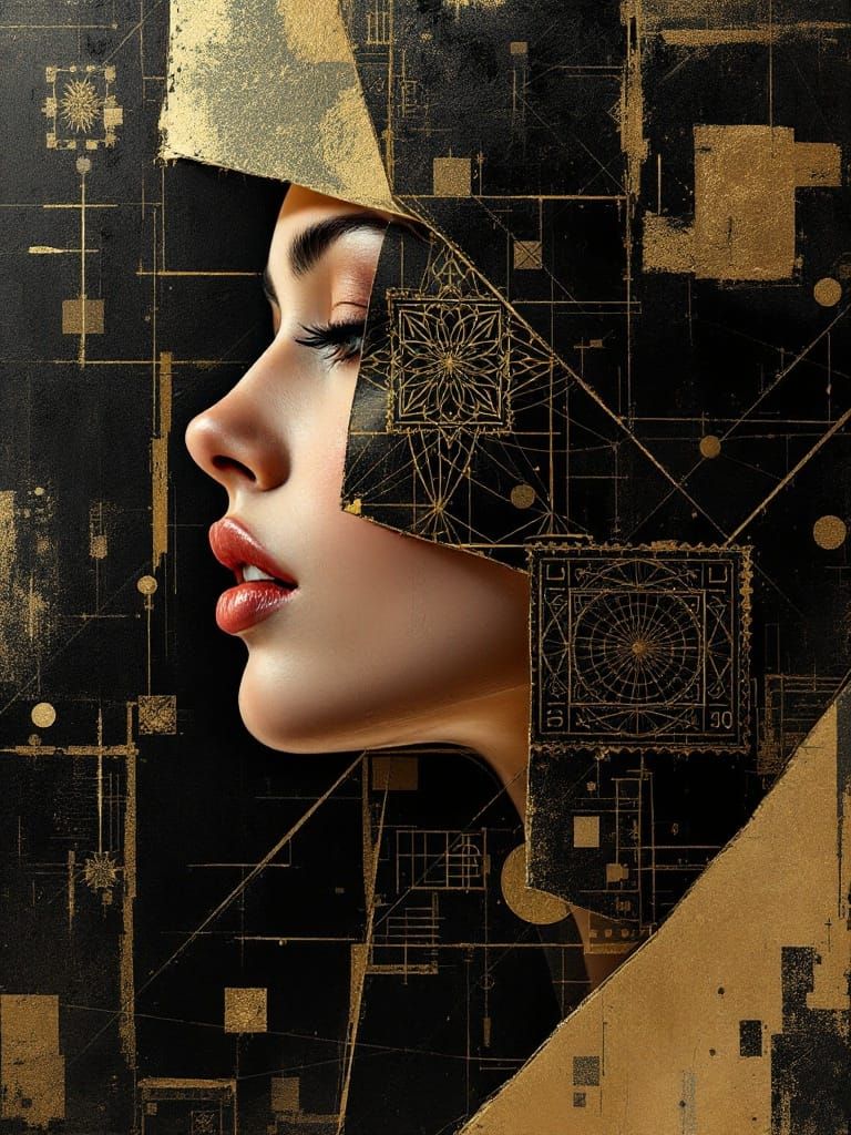 Surreal Art Deco Portrait with Geometric Patterns and Distre...
