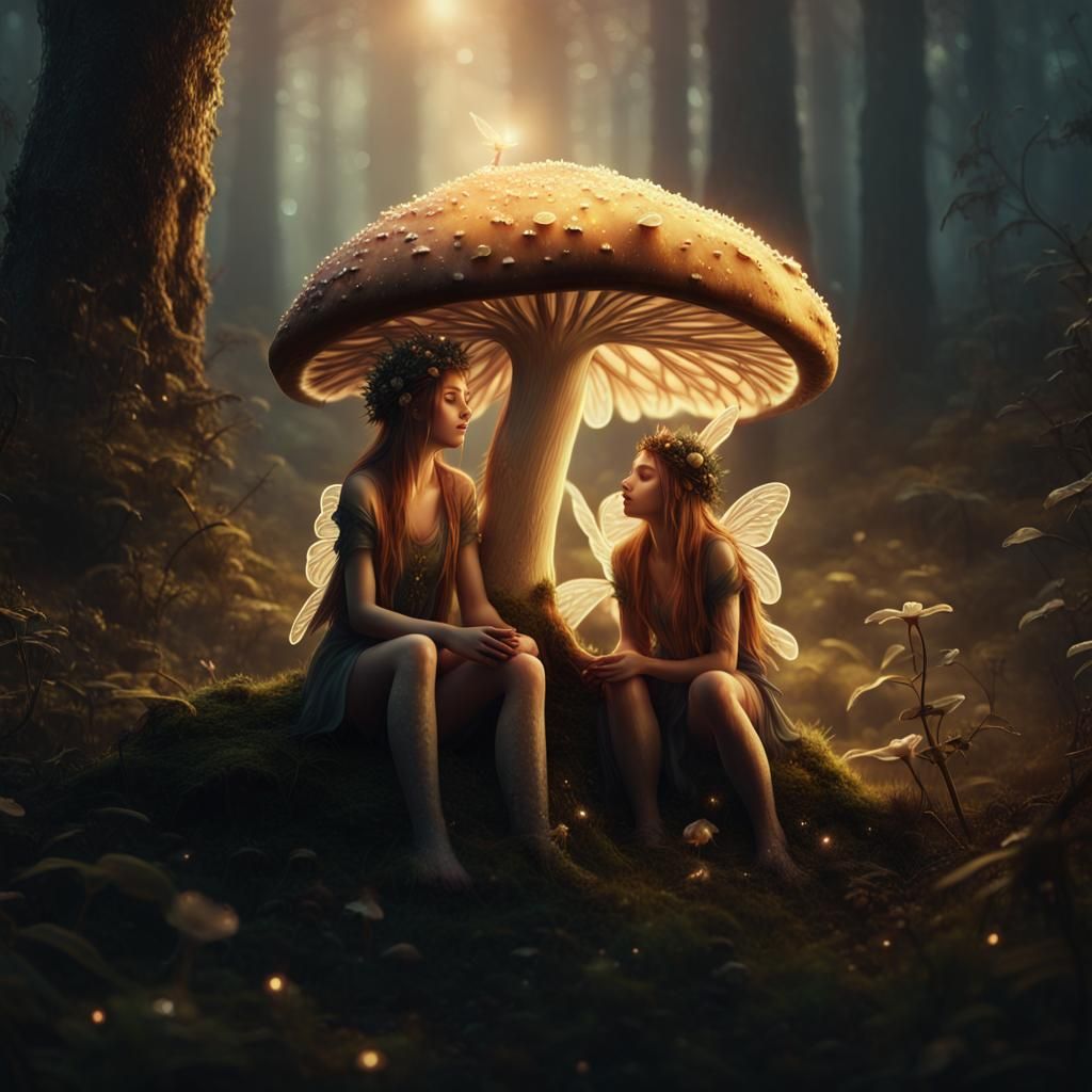 Fairies on Mushroom in Dark Forest, Digital Art