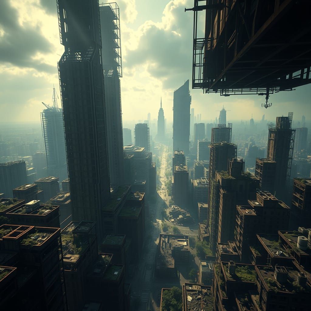 Epic Bird's-Eye View of a Ruined Modern City