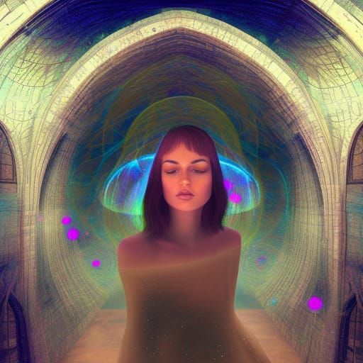 Girl in Warped Church with Cosmic Bubbles