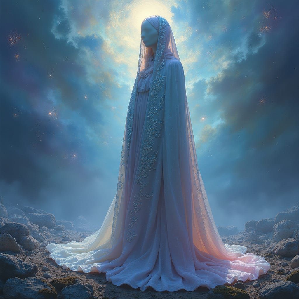 Mysterious Figure in Iridescent Cloak Amidst Dreamlike Lands...