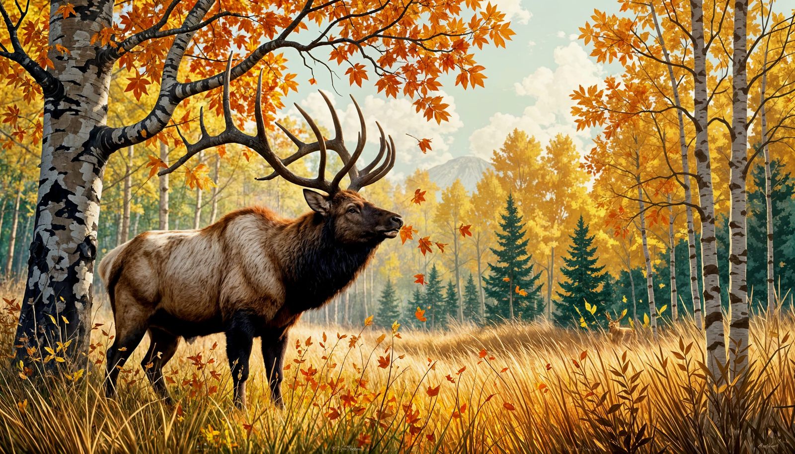 A large bull Elk is reaching his head up to pull off a few l...