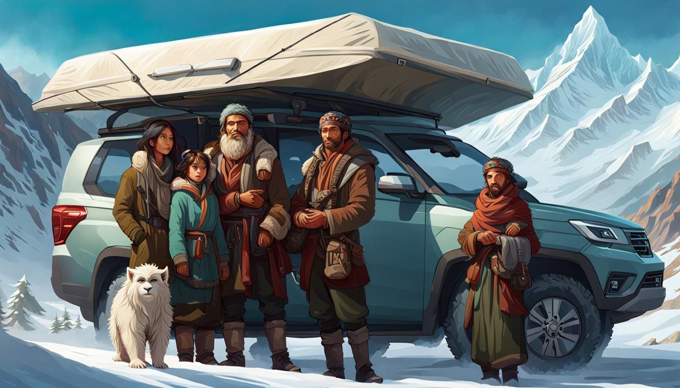 Tibetan family and their pet Yeti high in the mountains