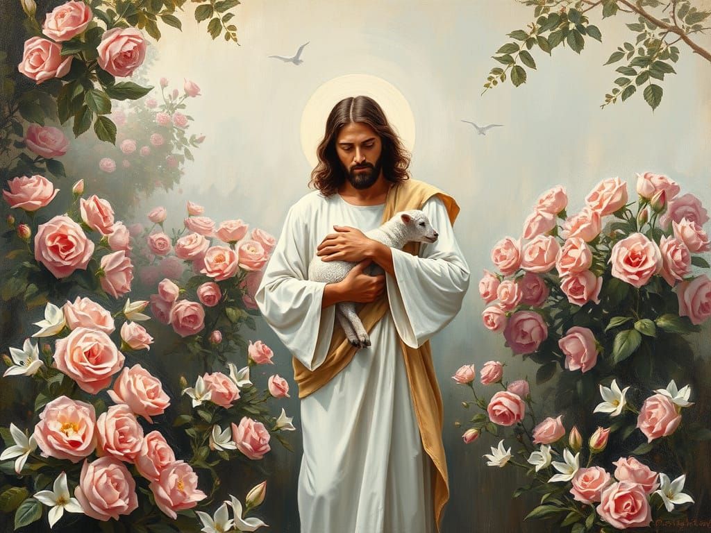 Jesus Surrounded by Blooming Roses and Lilies in a Serene Ga...