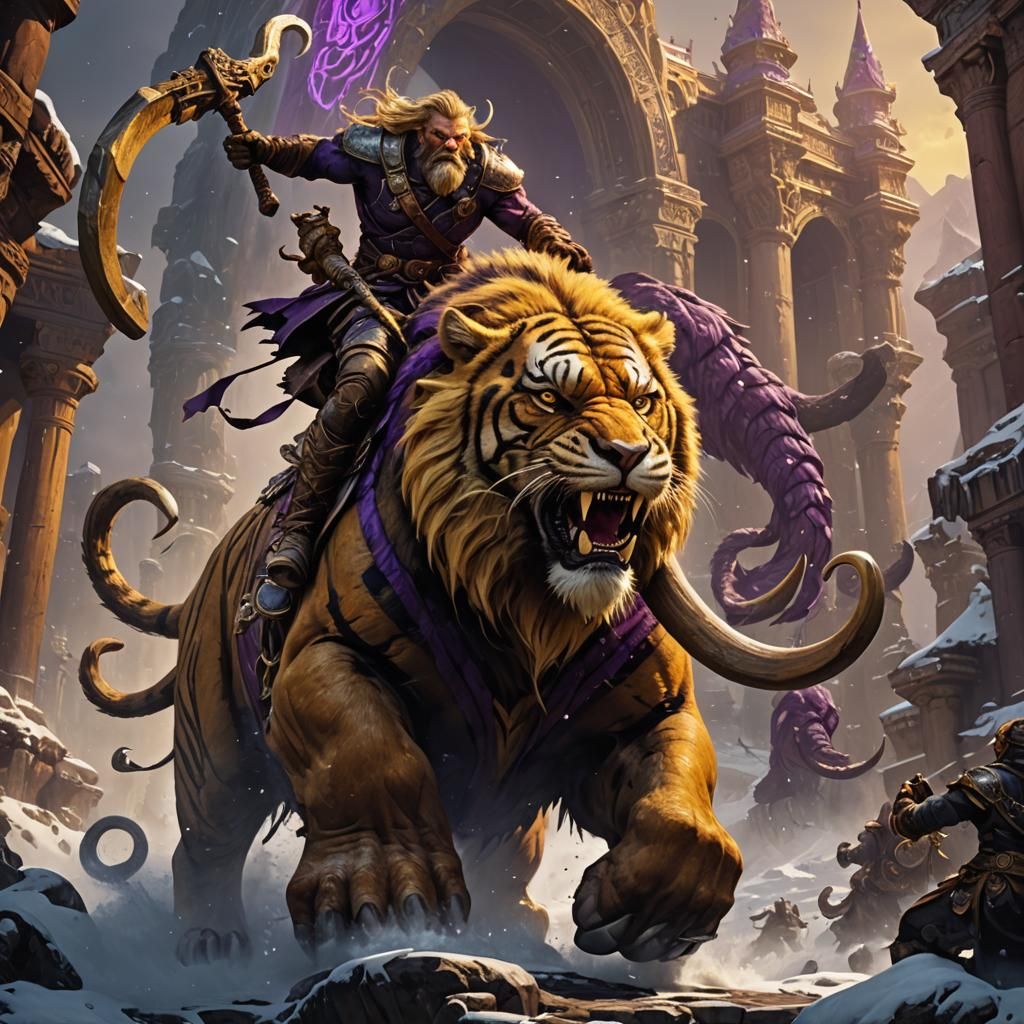 Sabretooth Tiger Rides Mammoth in Dark Fantasy Art