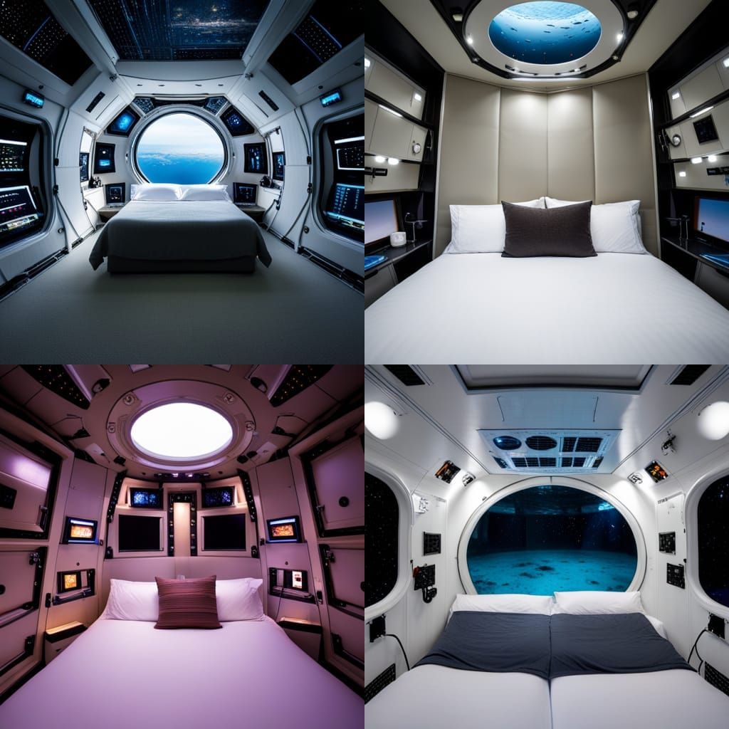 Underwater Bedroom in Moon Spacecraft: Hyperrealistic Photo