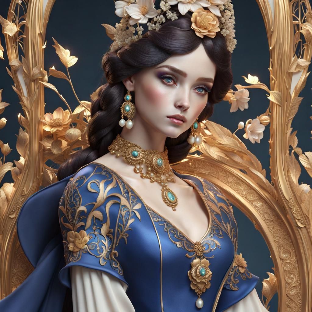 Enchanted Porcelain Doll: 3D Render in Art Nouveau Style
