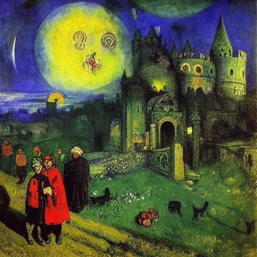 Dark Castle Under Night Sky: Repin and Chagall Style