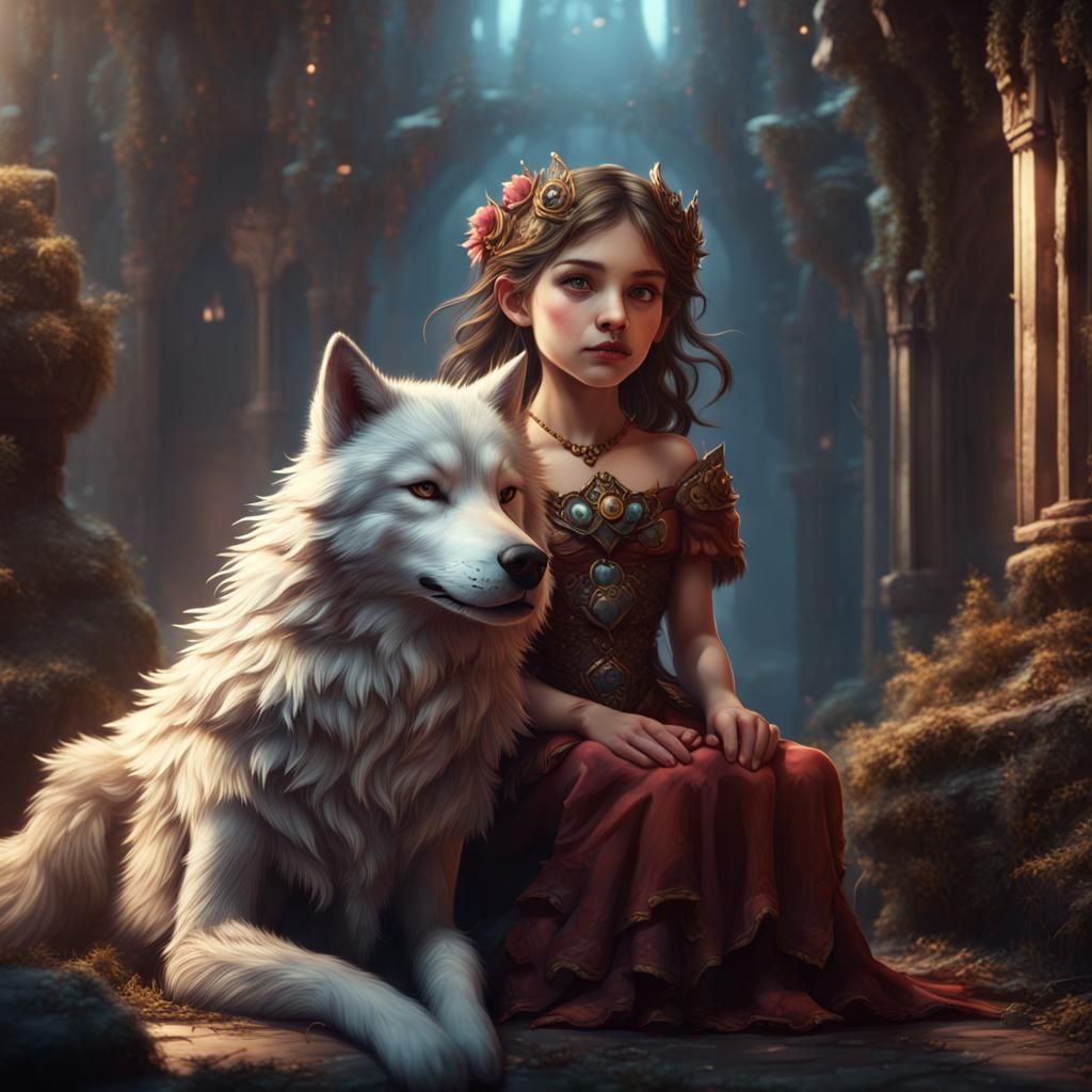 Cute Fluffy Princess with Pet Wolf