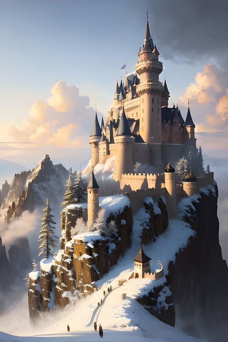 Snowy Medieval Castle Art: Oil Painting Style