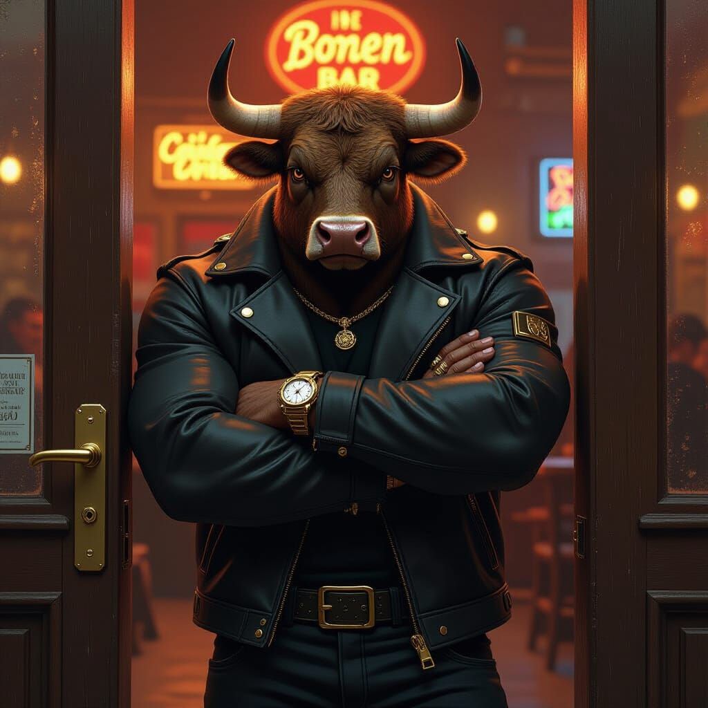 Bull Bouncer Guarding Downtown Bar in Photorealistic Style
