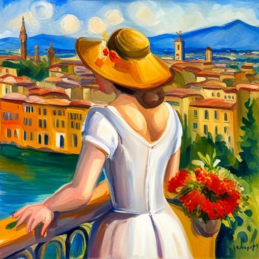 Woman with Coffee in Florence: Gouache Watercolor Style