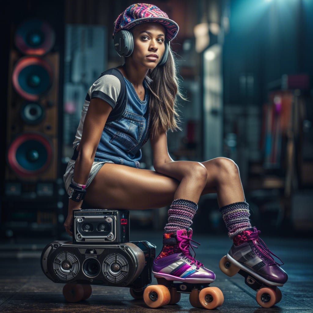 Woman on Roller Skates with Boombox, Hyperrealistic