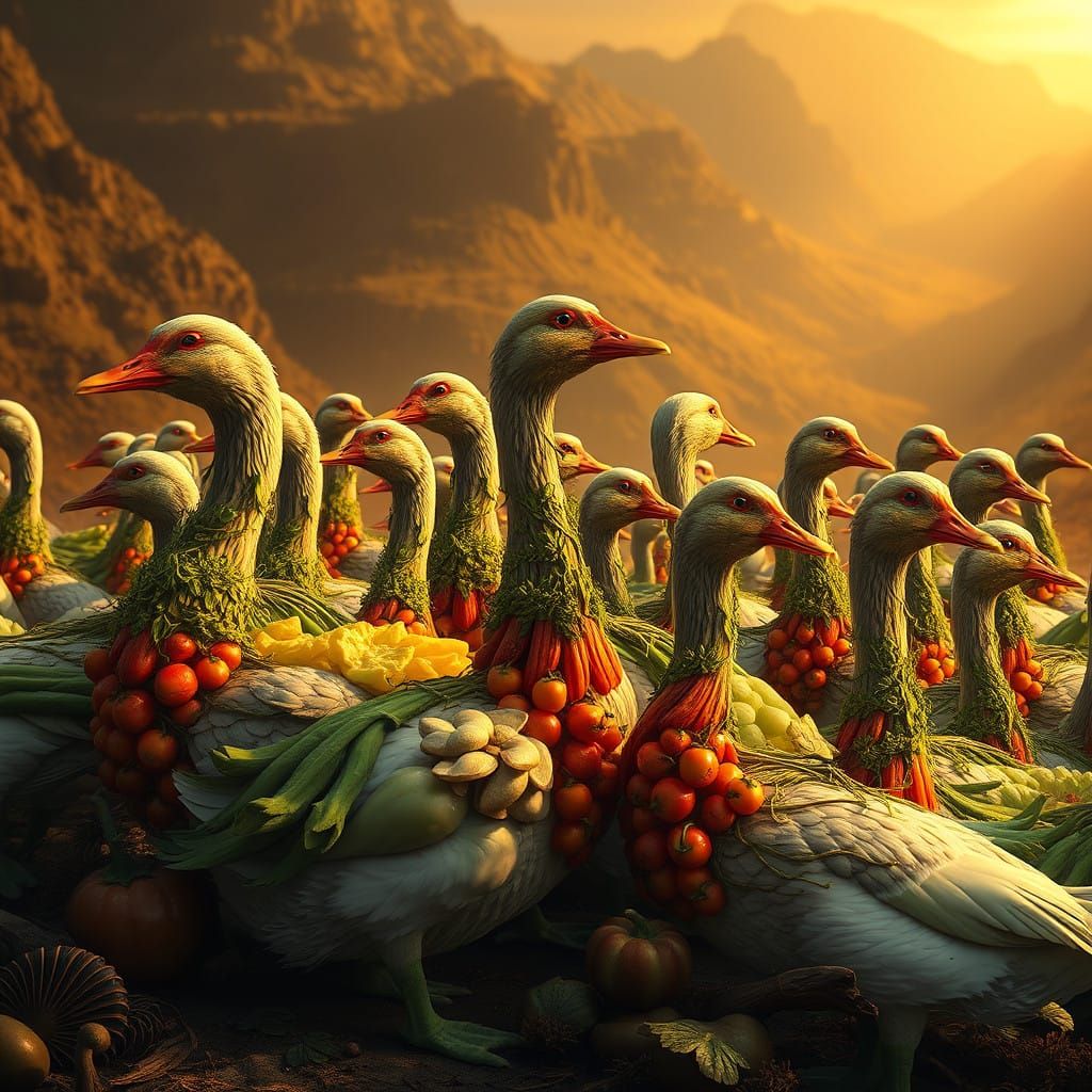 Vibrant Vegetable Geese in a Fantastical Landscape