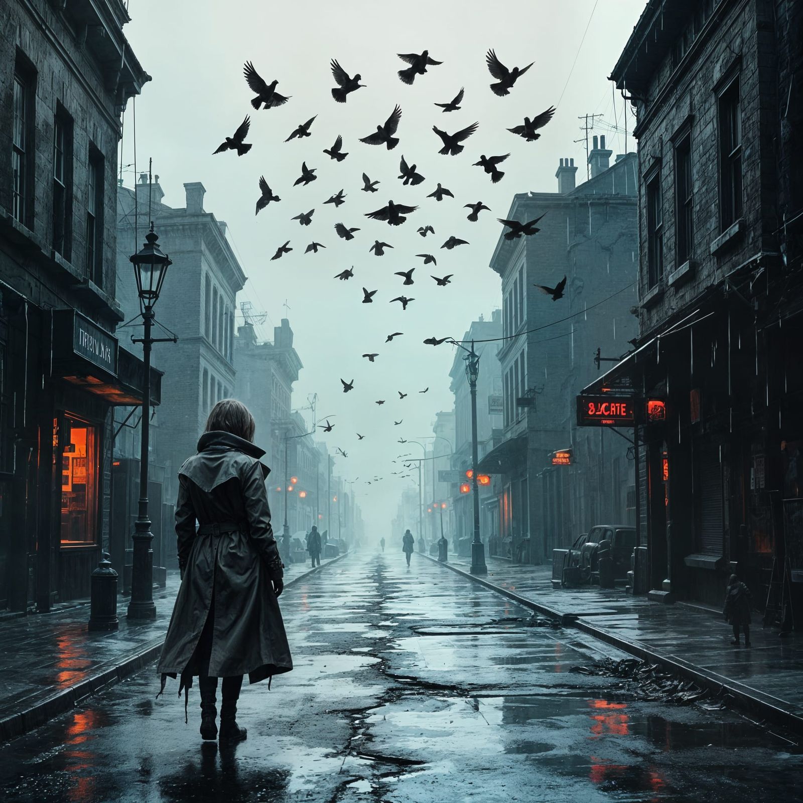 Woman on Post-Apocalyptic Street with Mutated Pigeons