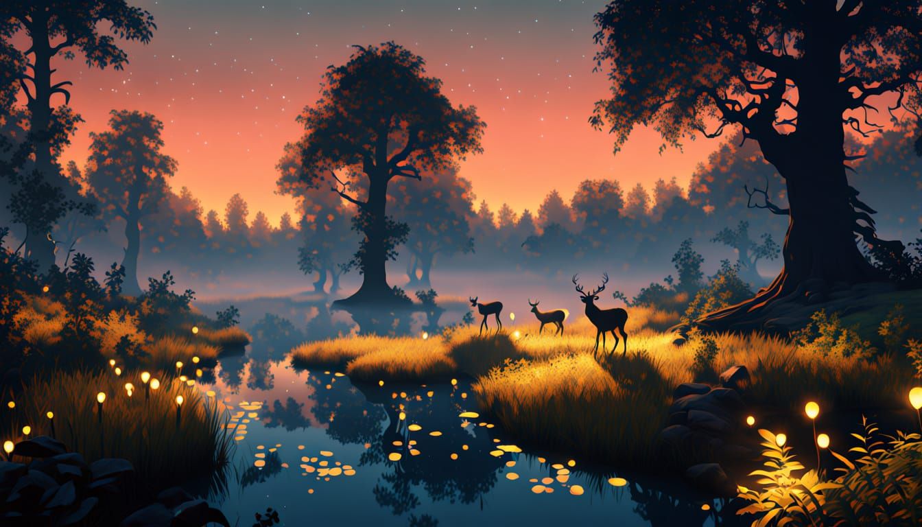 Serene Enchanted Forest at Sunset in Fantasy Concept Art Sty...