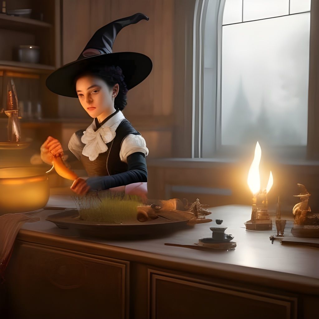 Cute Kitchen Witch Casting Spells, Low-Poly Render