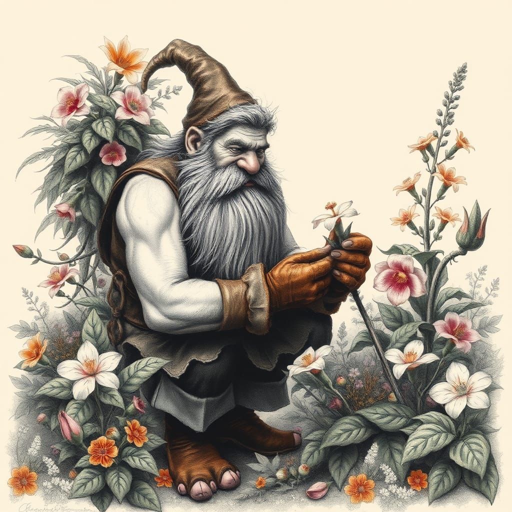 Dwarf Gardener in Hyperdetailed Charcoal Drawing