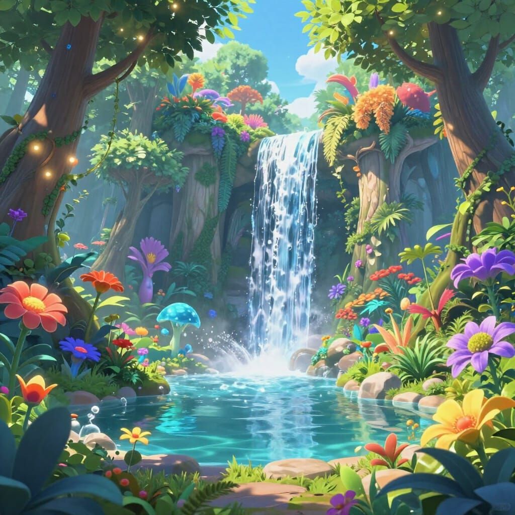 Vibrant Garden of Eden with Luminous Flora and Fauna