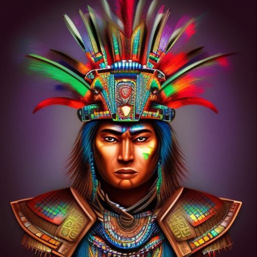 Detailed Aztec Warrior Portrait in Splash Art Style